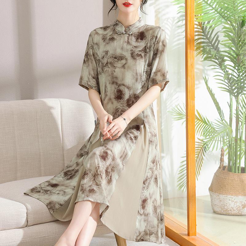 2026 Summer Chiffon Print Qipao: Stylish Short-Sleeve Dress for Middle-Aged & Elderly Women