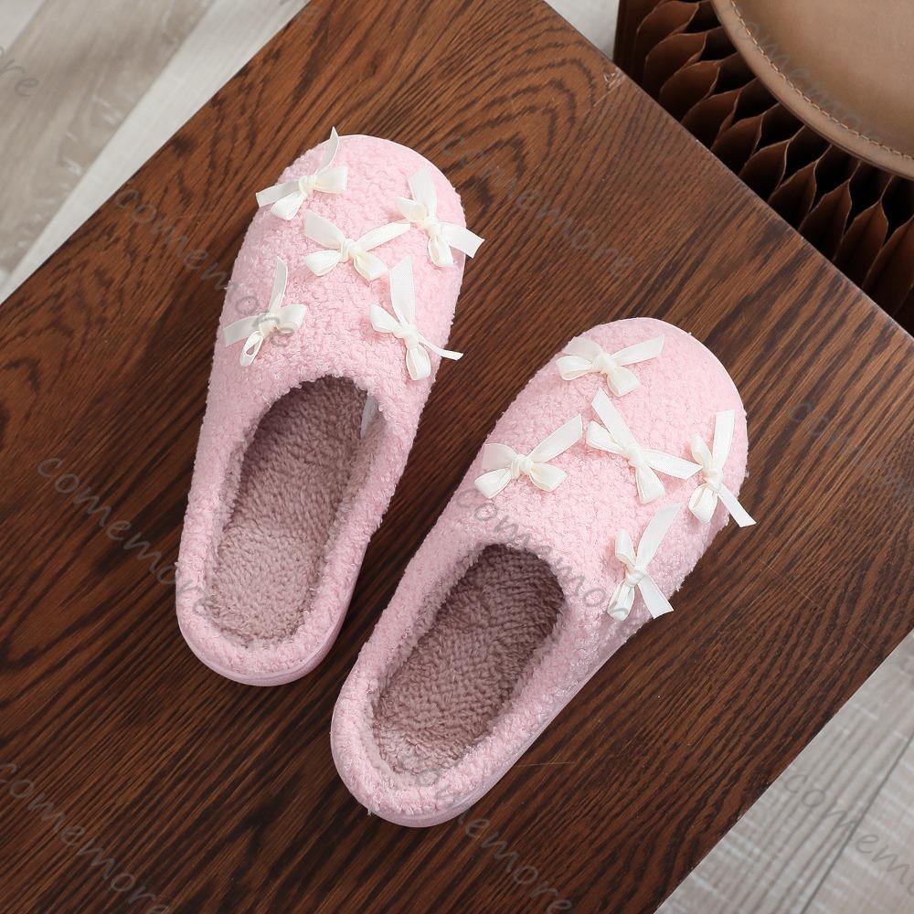 Comemore Autumn and Winter Bowkont Cute Plush Cotton Slippers Women Warm Indoor Shoes Casual Flat Soft Sole Slides Women's Shoes