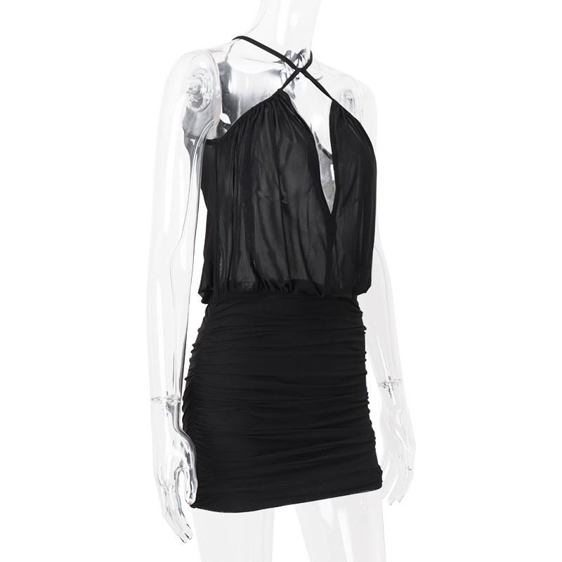 Women's Sexy Cross Halter Neck Mesh Mini Dress Spring Deep V Ruched Bodycon Party Evening Cocktail Dress