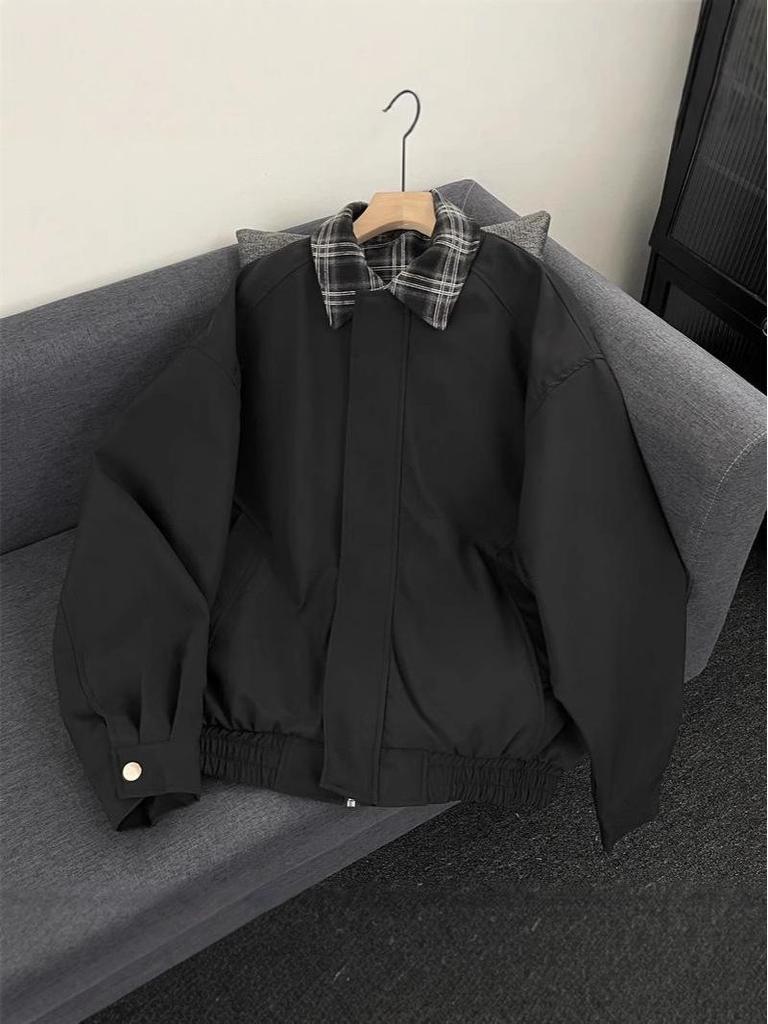 Men's Retro Plaid Patchwork Flight Jacket - Brown Casual Baseball Style