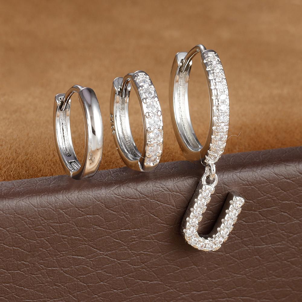 3pcs Silver Color Stainless Steel 26 Letters Hoop Earrings Set For Women A-Z Crystal Zircon Geometric Earrings Wedding Jewelry