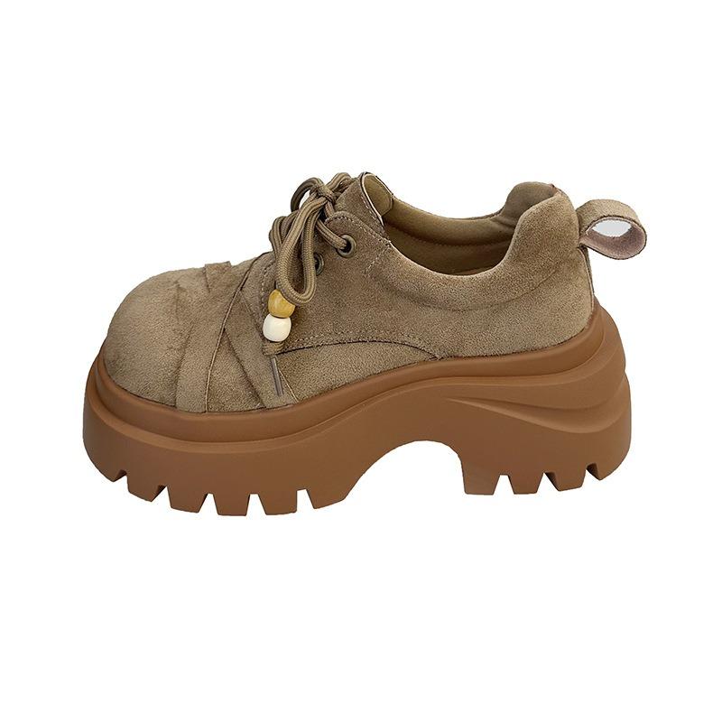 Thick-soled Heightening Big Head Lace-up Small Leather Shoes Women's Autumn New Retro Small Loafers