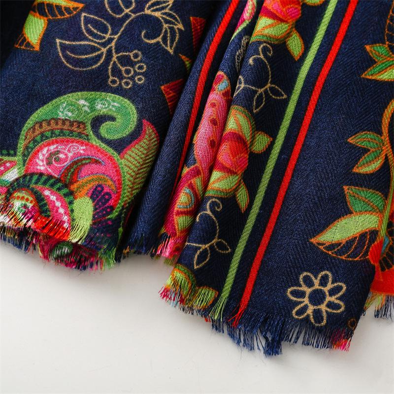 Schal Retro Ethno Stil Schal Fischgrätmuster Marineblau Blume Seidenschal Dickes Tuch Damen