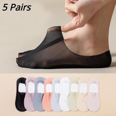 5 Paar sommerliche, ultradünne, atmungsaktive Socken-Hausschuhe, einfarbig, Eisseide, niedrig geschnittene Bootssocken, rutschfeste, unsichtbare No-Show-Socken aus Silikon