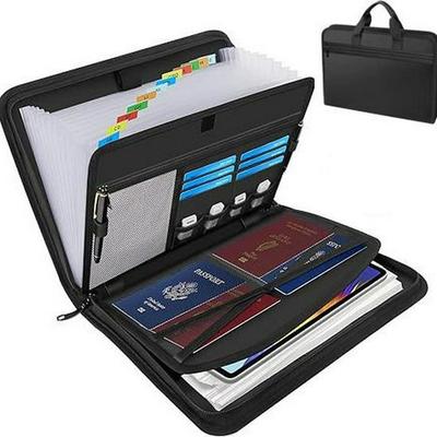 Fireproof Accordion File Folder with 13 Pockets, Zipper, and Label Cards - Black.