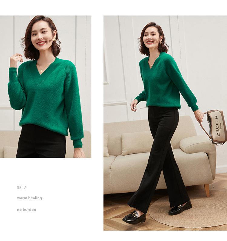 Ribbed V-Neck Cashmere Sweater - 2026 Autumn/Winter Women's Loose Plus Size Pullover