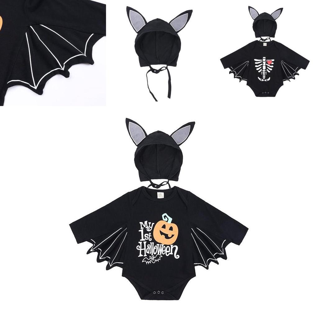 Cute Toddler Baby Boys Girls Halloween Bat Costume Romper And Hat Outfit For Parties