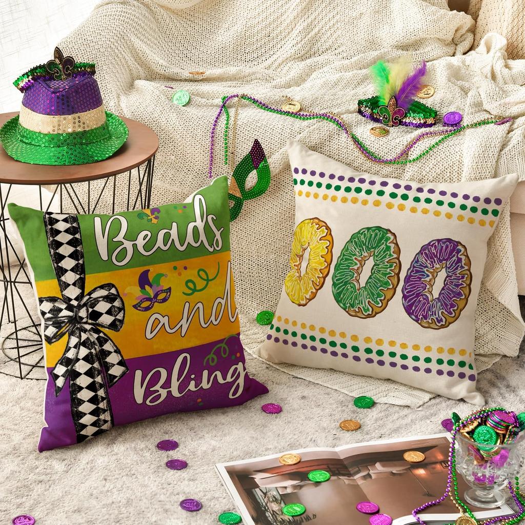 AVOIN colorlife Happy Mardi Gras Beads and Bling Crawfish Smoothie Throw Pillow Covers, 18 x 18 Inch Checked Bow Stripes Holiday Cushion Case