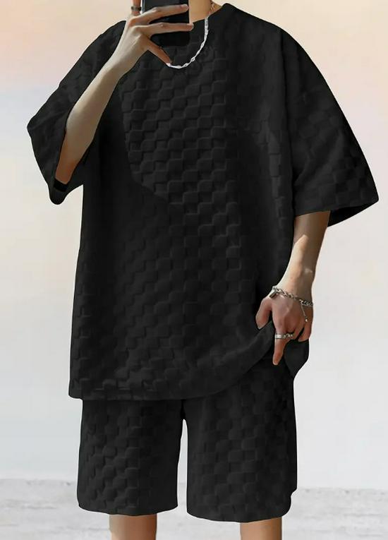

Men s Summer Jacquard Plaid T-Shirt & Plus Size Shorts Set S чорний