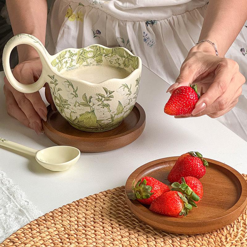 Cupa Ceramică Chord cu Linguriță, Cupă pentru Mic Dejun, Bol pentru Ovăz, Lapte Încălzit, Înflorire Mărgăritar, Ceașcă de Cafea, Farfurie