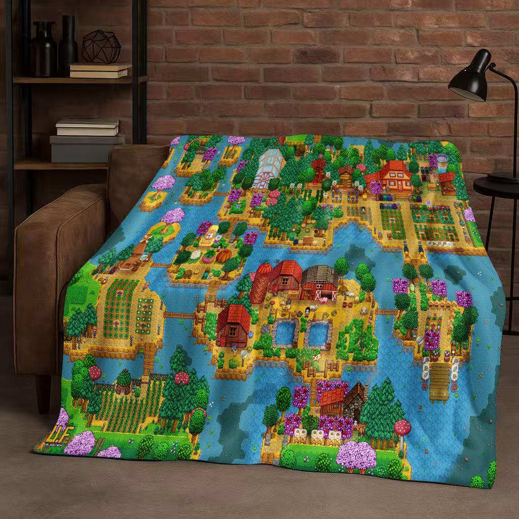 3D Retro Stardew Valley Farm Map Pixel Game Flannel Blanket,Ultra Soft Warm Plush Throw for Home Bedroom Bed Sofa Cover Kid Gift
