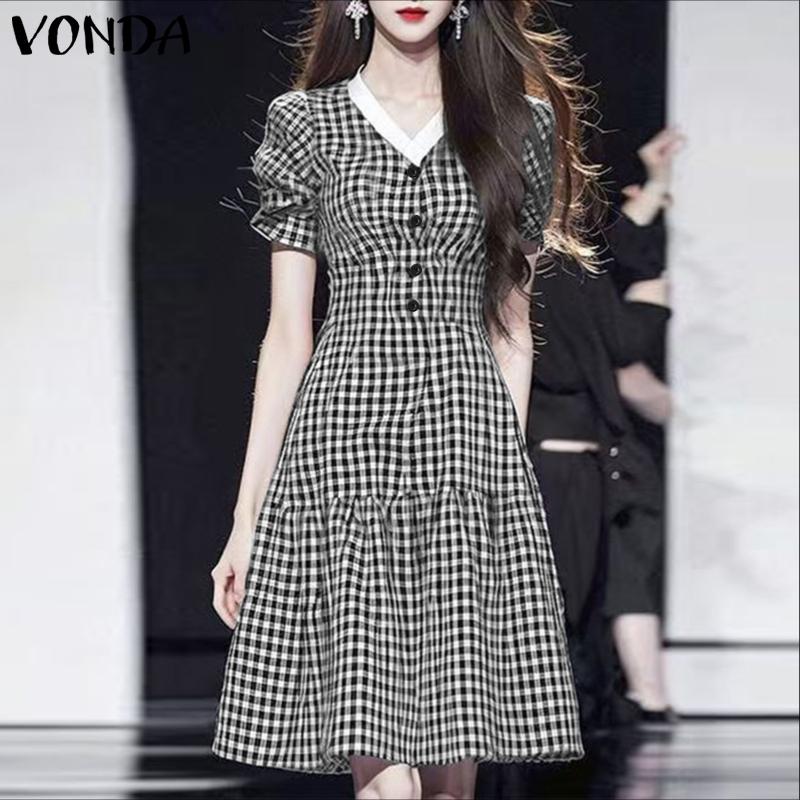 

VONDA Women Stitching V Neck Short Sleeve Plaid Print Casual Pleated Dress 5XL червоний