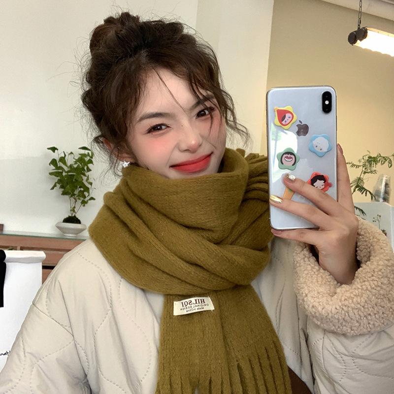 Solid Color Tassel Soft Waxy Plush Scarf for Women Autumn and Winter Plus Velvet Thickening Korean Style Versatile Couple Student Warm Scarf