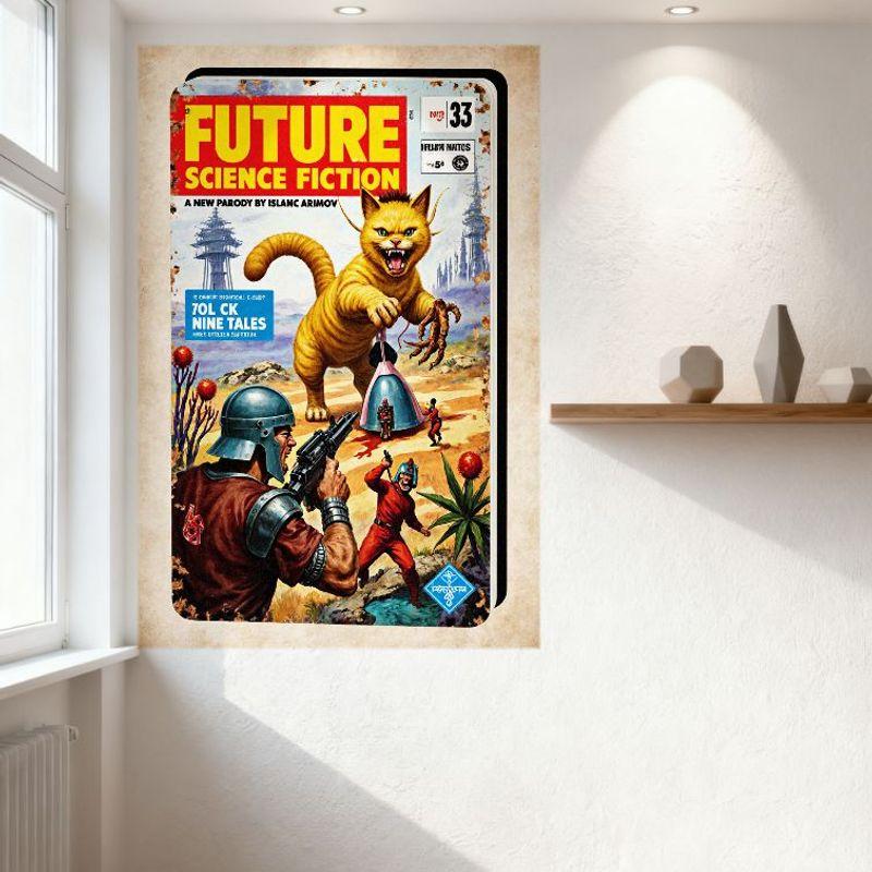 Vintage Future Science Fiction Magazine Cover Tin Sign - Menacing Yellow Cat & Alien Landscape Retro Sci-Fi Pulp Art Metal Poste