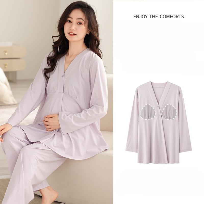 Cotton Long Sleeve Maternity Pajamas Dressing Gown Solid Color Nightgown Bra Breastfeeding Maternity Nightwear Nursing Clothes