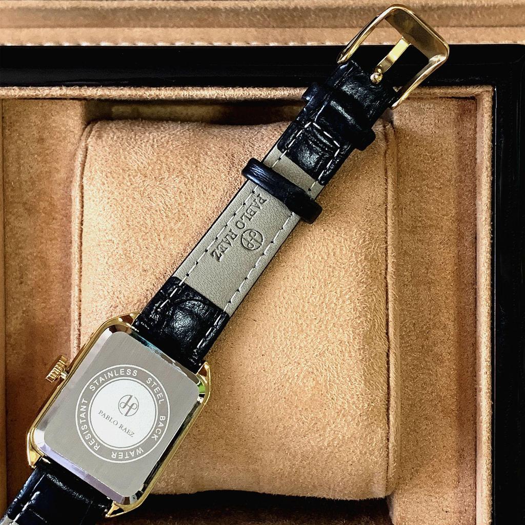 PABLO RAEZ Bestseller Gold Square Women's Watch with Black Leather Strap - Fashionable, Simple, Waterproof, INS Style