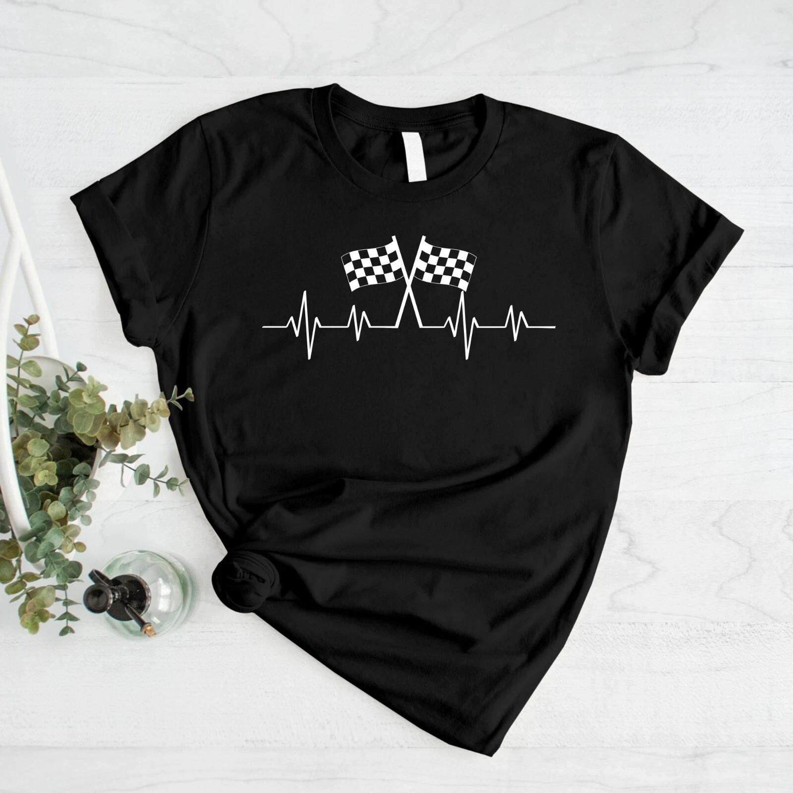 Chequered Flag Heartbeat T-Shirt | Sizes XS-4XL | Racing Enthusiast Tee Top 2XL