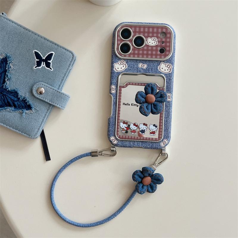Mirror card pack KT cat for iPhone17pro phone case Apple 16pro denim pattern 15pro lanyard 14p iPhone17