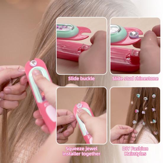 Glitter Rhinestone Tool Safe Kids Hair Gemstone Styling Set with Magnetic Pink Comb 24 Colorful Gem And Clips Creative