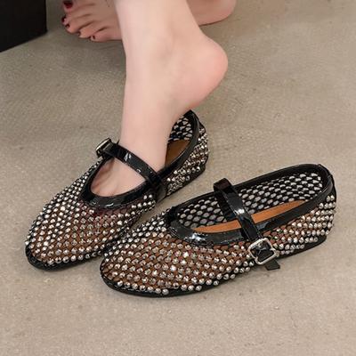 Mode Strass Mesh Atmungsaktive Sandalen Mode Vielseitig Damen Ausländischer Stil Nische Gürtel Flache Weichsohlige Netzschuhe Damenschuhe