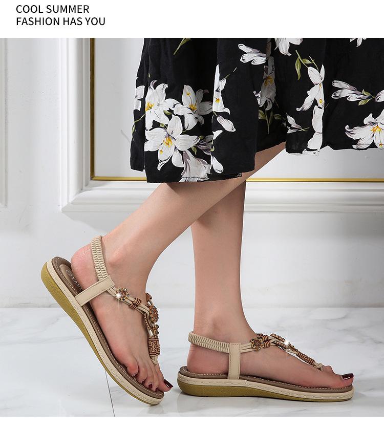 Bohemian Wood Bead Woven Plus Size Flat Women's Sandals for Summer 2025