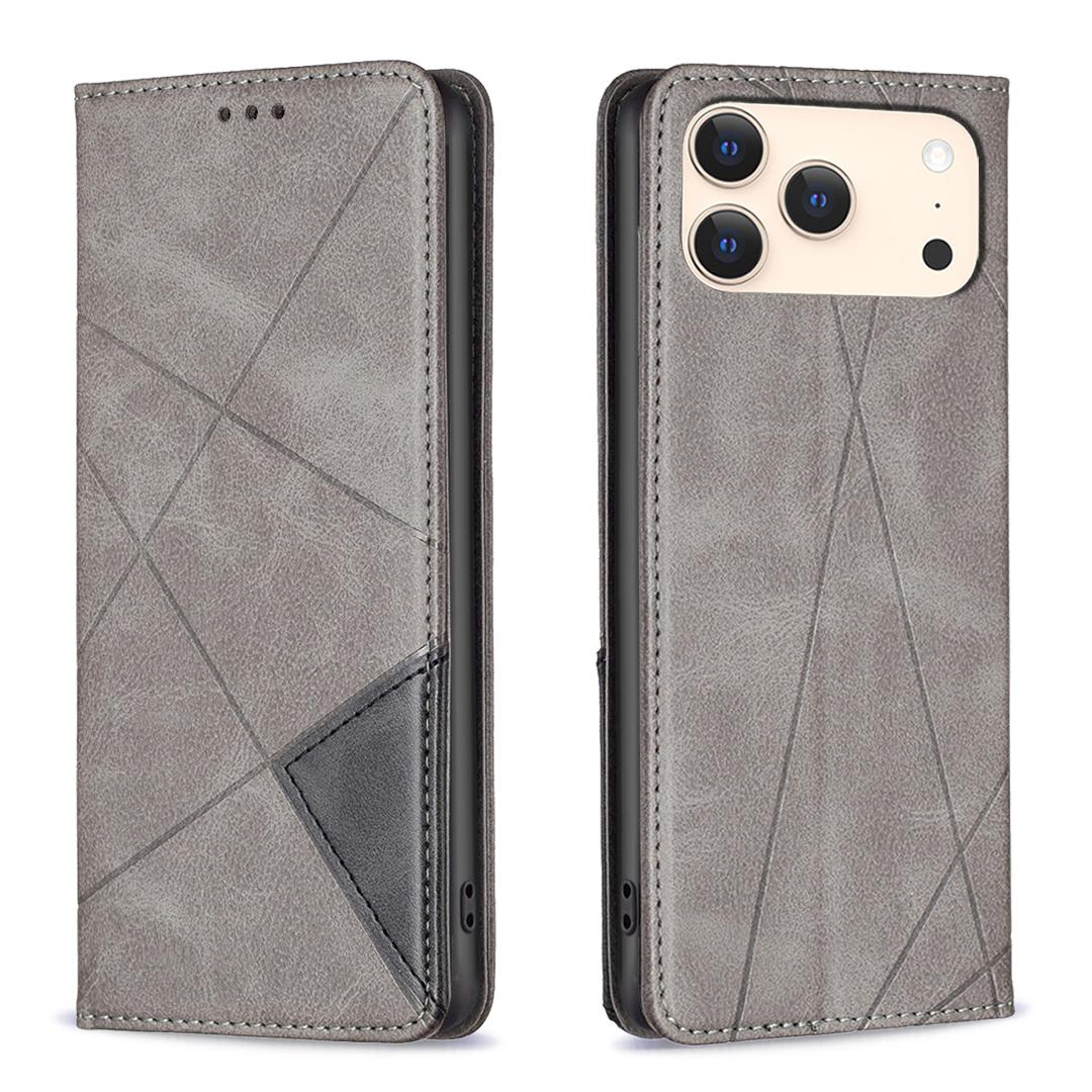 

For iPhone 17 Pro Max Case Card Slots Geometry Imprint Leather Phone Cover Grey
