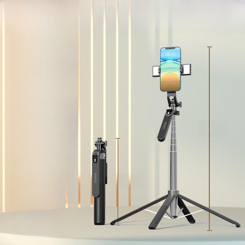 Stabilizzatore portatile P185: Quadripiede con fotocamera mobile in lega di alluminio e bastone per selfie Bluetooth con luce di riempimento