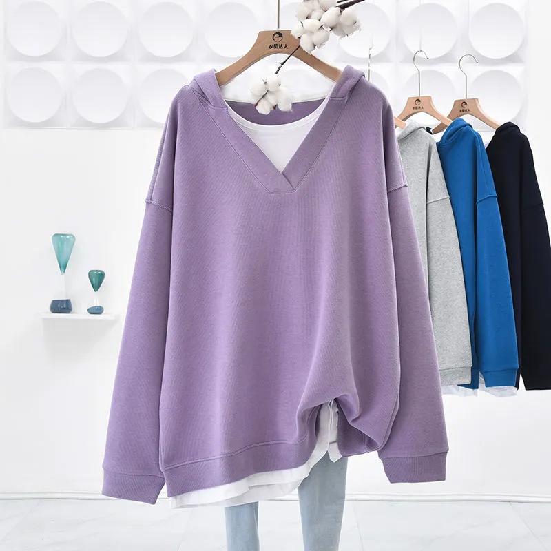 Sweatshirt for Women Cotton Loose Oversized False Two Piece Comfortable Round Neck Casual Pullover Top Hooded Sweatshirt
