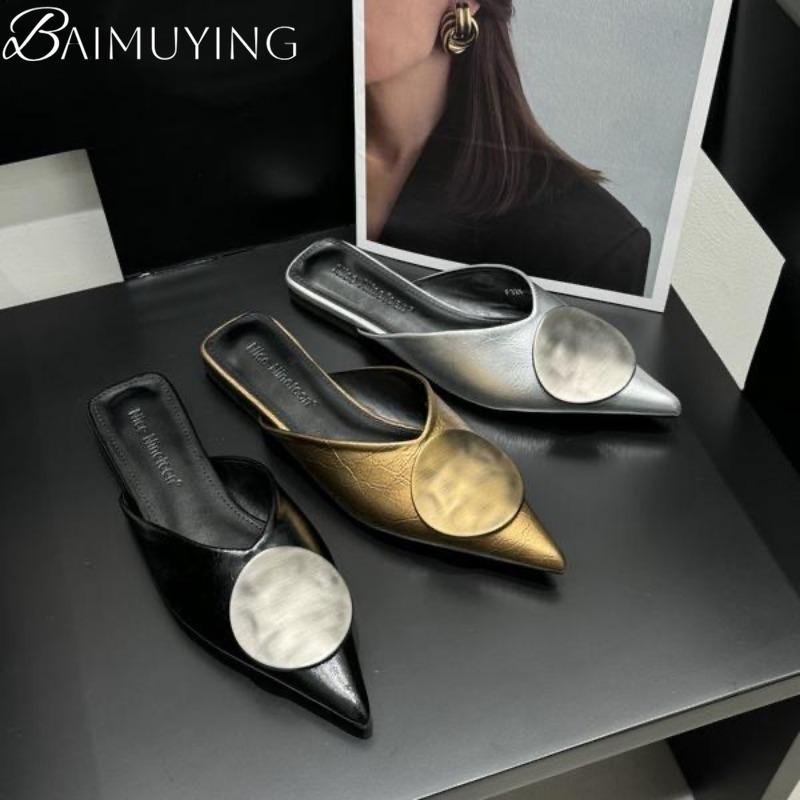 Fashion Pointed Toe Slippers Women Sandals Mules Shoes Low Heels Sexy Luxury 2025 Trend Flip Flops Summer Slides Metal Dress Casual Shoe