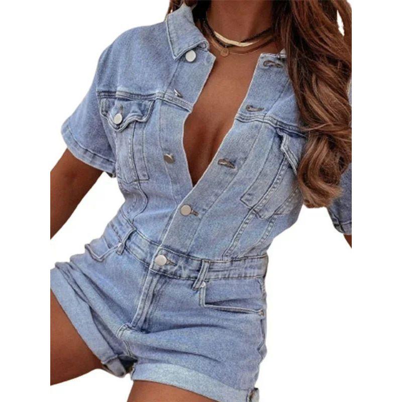 Collar Short Sleeve Denim Jumpsuit Shorts Lapel Short Sleeve Denim Jumpsuit