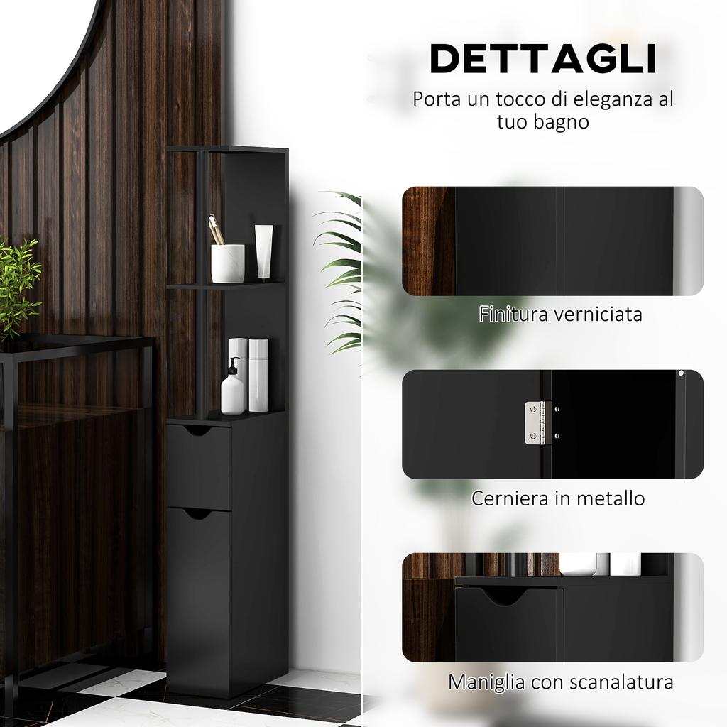 Bathroom Cabinet With 2 Shelves And 2 Cupboards Tall Space Saving Cabinet 15.2x29.8x118 Cm Black