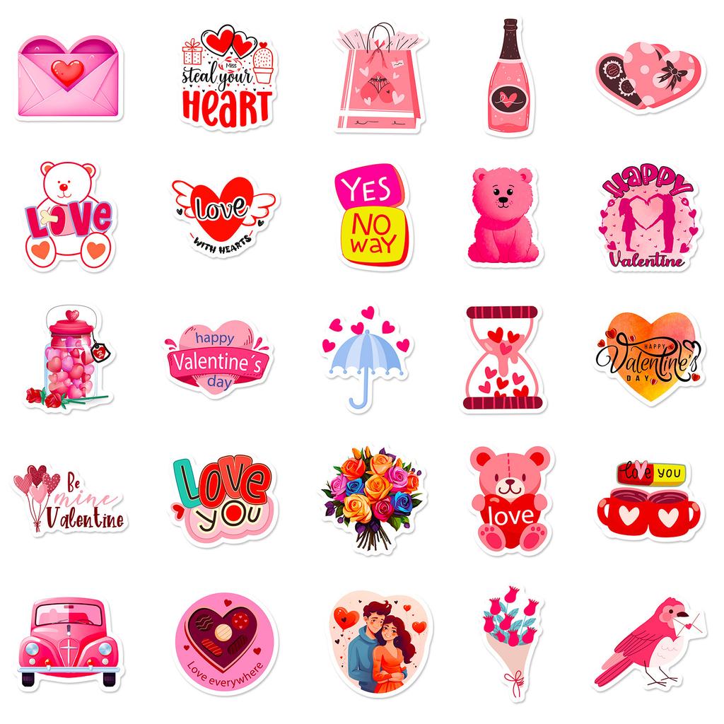 50 PCS Valentine Stickers Set - Romantic Heart Decals for Notebook, Gifts, DIY Decor
