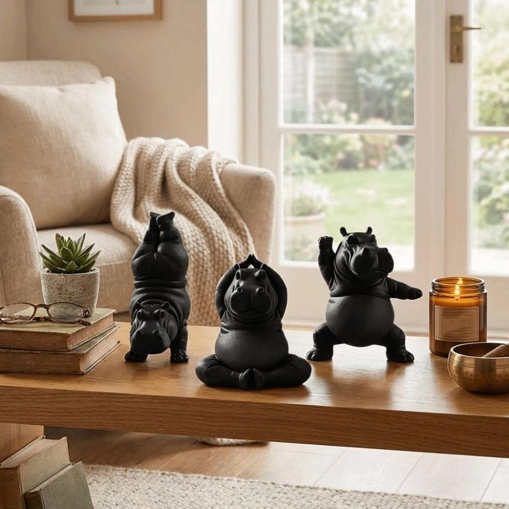 3Pcs Calm Animal Yoga Hippo Statue Art Crafts Hippo Figurines Hippo Sculpture  Yoga Studio