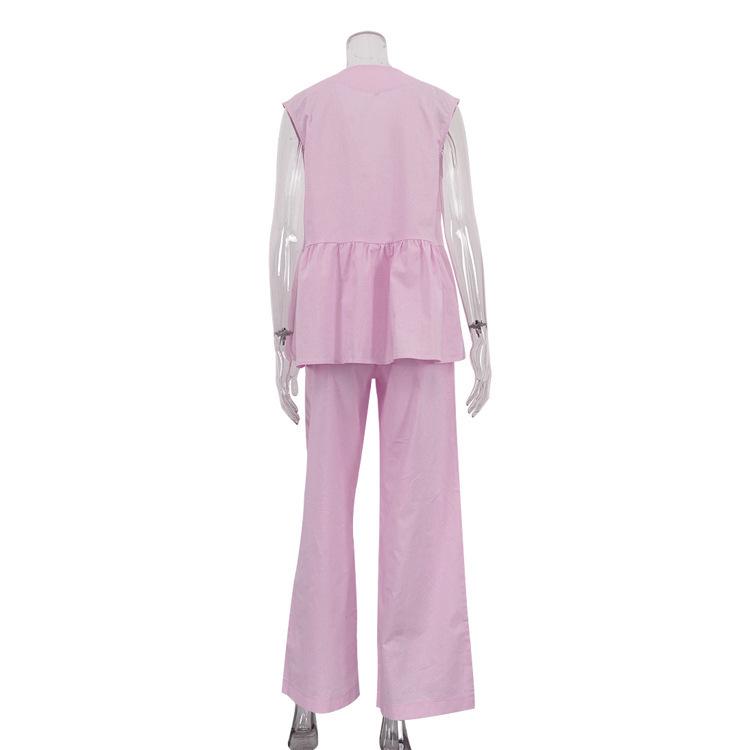 2025 Women's European-American Solid Color V-Neck Sleeveless Top & Long Pants Two-Piece Set - Stylish & Comfy