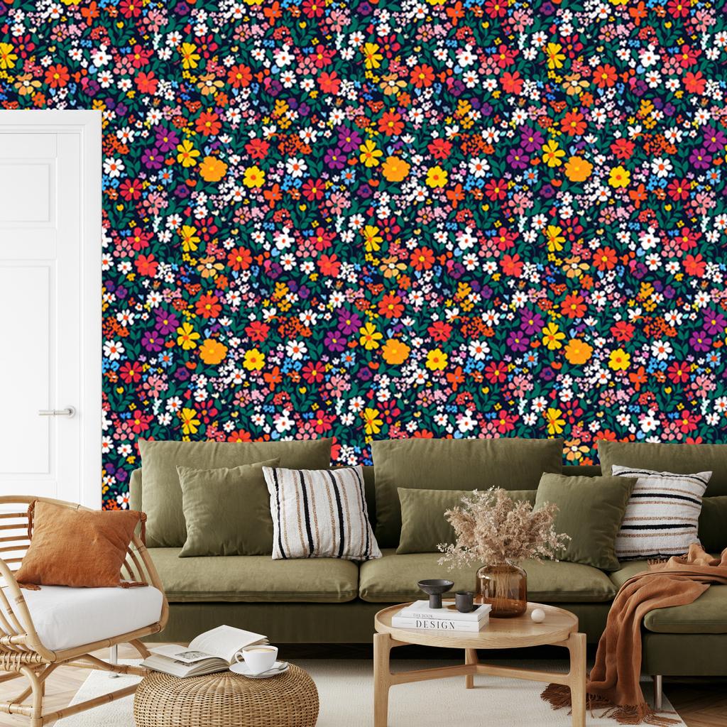 Wallpaper Small Flowers Turquoise and Navy Blue for Living Room and Bedroom 50x1000