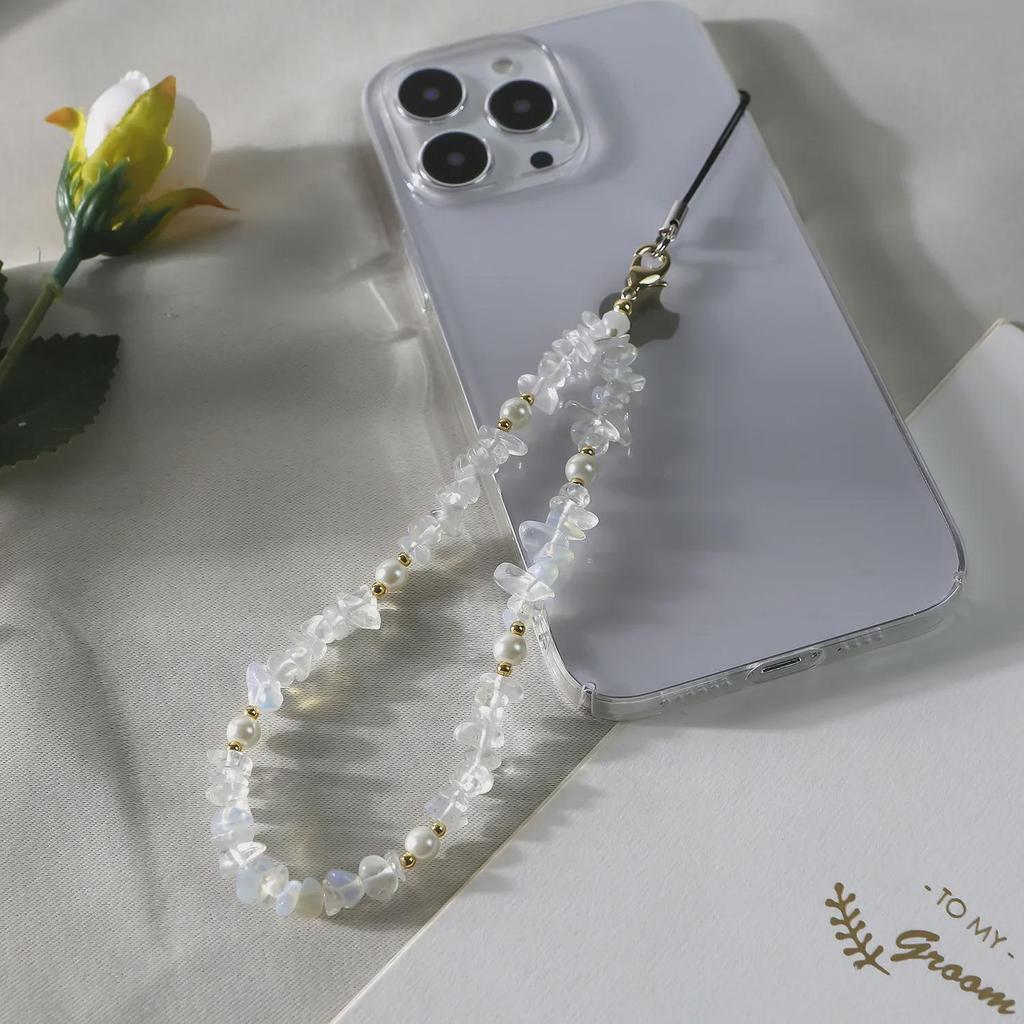 Pearl & Natural Gravel Beaded Agate Stone Phone Lanyard