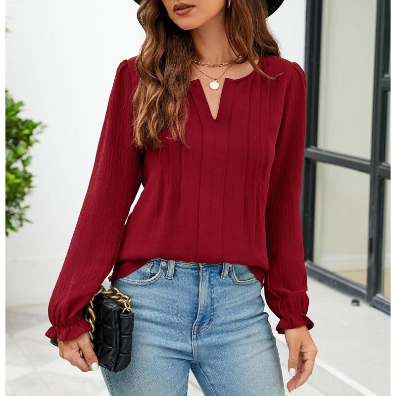 Damen Freizeit Einfarbige V-Ausschnitt Langarm Puffärmel Chiffon Bluse Top