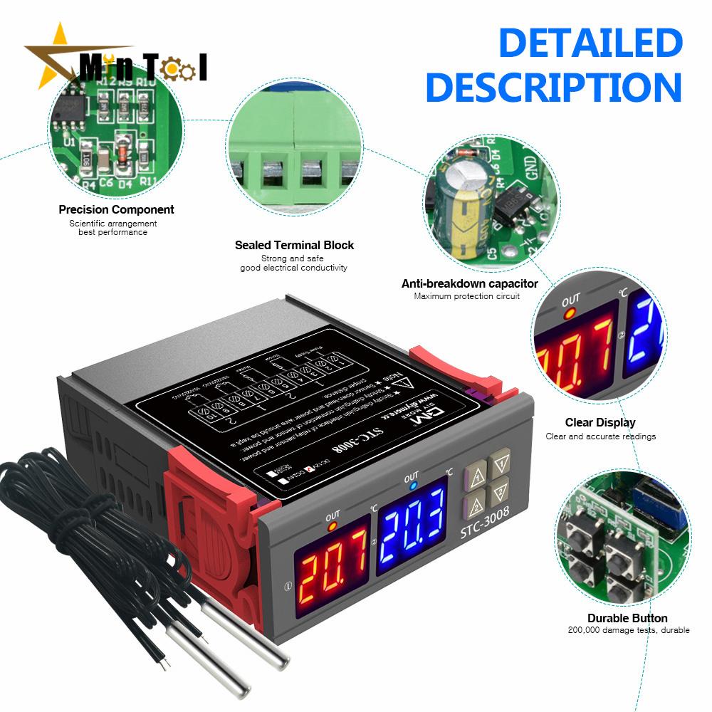 STC-3008 Dual LED Digital Temperature Controller Thermostat Thermoregulator Incubator 12V 24V 110V 220V for Industrial Tool