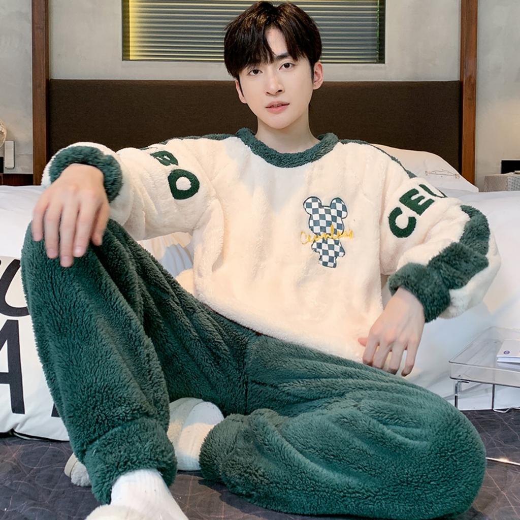 Winter, Coral Fleece, Pajamas, Men's Clothing, Thickened Fleece, Round Neck, Long Sleeved Pants, Suits, Home Clothes