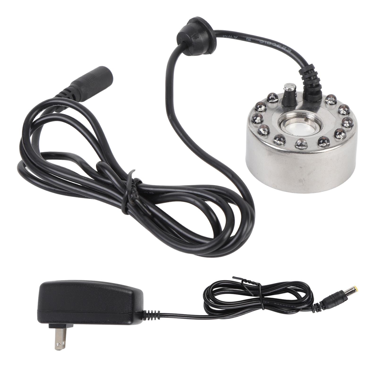 

Генератор тумана Фоггер Водный фонтан Атомайзер 12 цветов Светодиодная подсветка Пластина 16 мм Цинковый сплав Туман US Plug