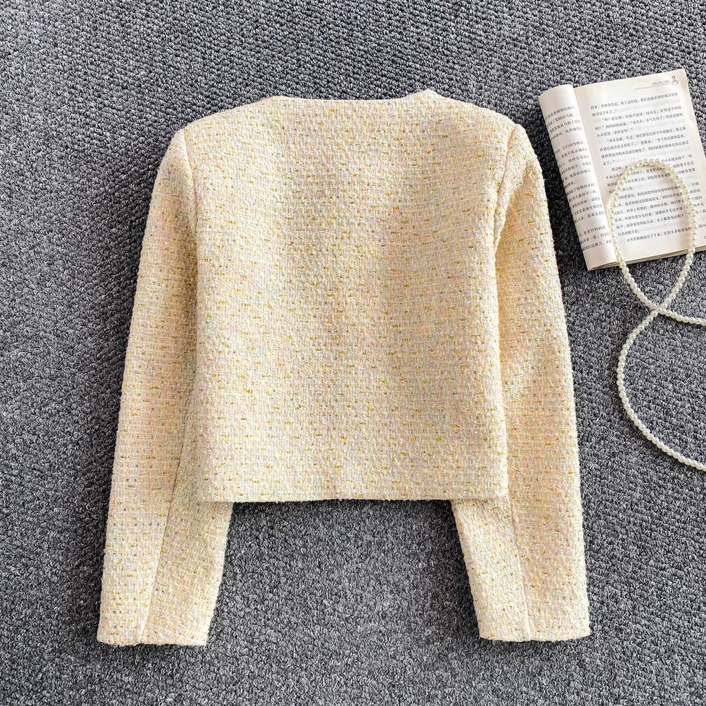 Autumn Winter Women Elegant Little Fragrant Wind Full Sleeve Single Breasted Tweed Short Jacket Coat With Pocket