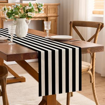 Chemin de table à rayures aspect lin - Décor en polyester lavable pour tables de cuisine et consoles TV de style scandinave