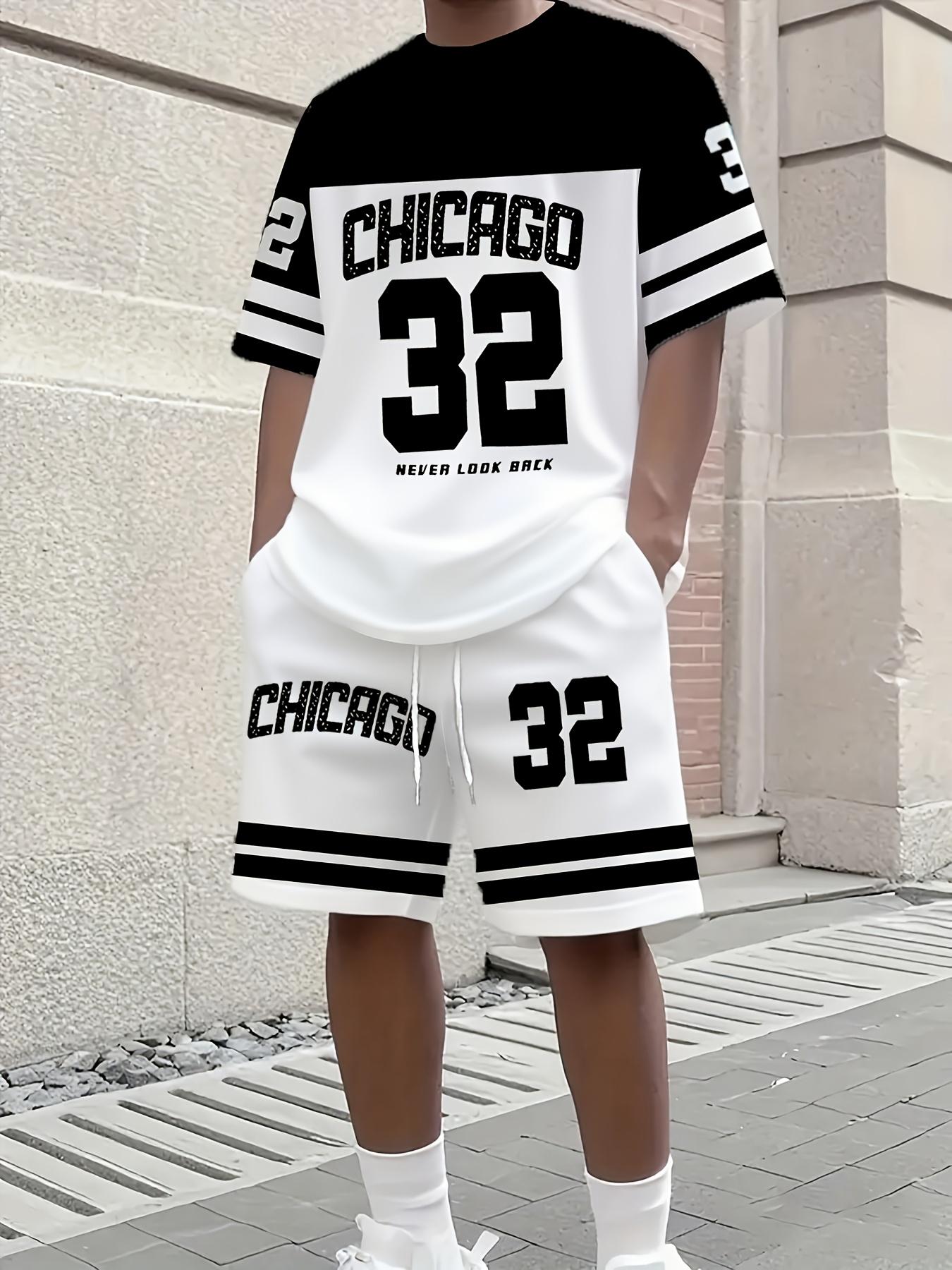 Men 2Pcs Black White Contrast Set Chicago 32 Print T-Shirt Shorts S