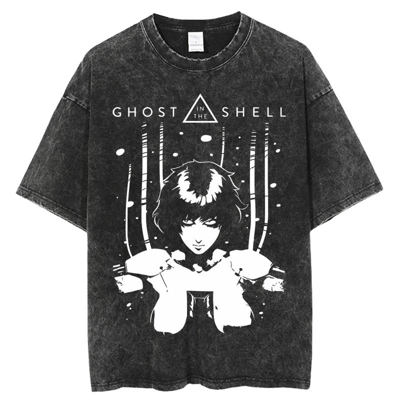 Modisches Ghost in the Shell Anime-T-Shirt mit verwaschenem O-Ausschnitt und kurzen Ärmeln für Damen, Schwarz, übergroß, lässig, Hip-Hop-Top