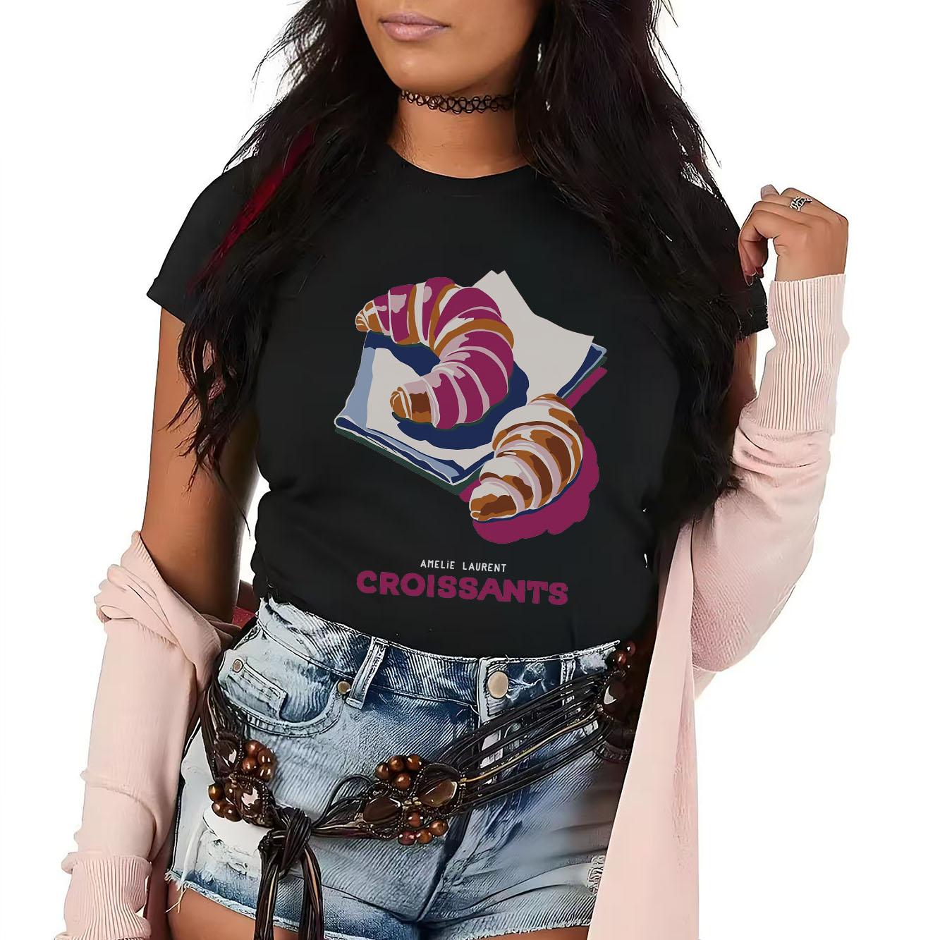 Fashionable and delicious croissant printed pattern short sleeved round neck daily versatile Womens Tshirt S