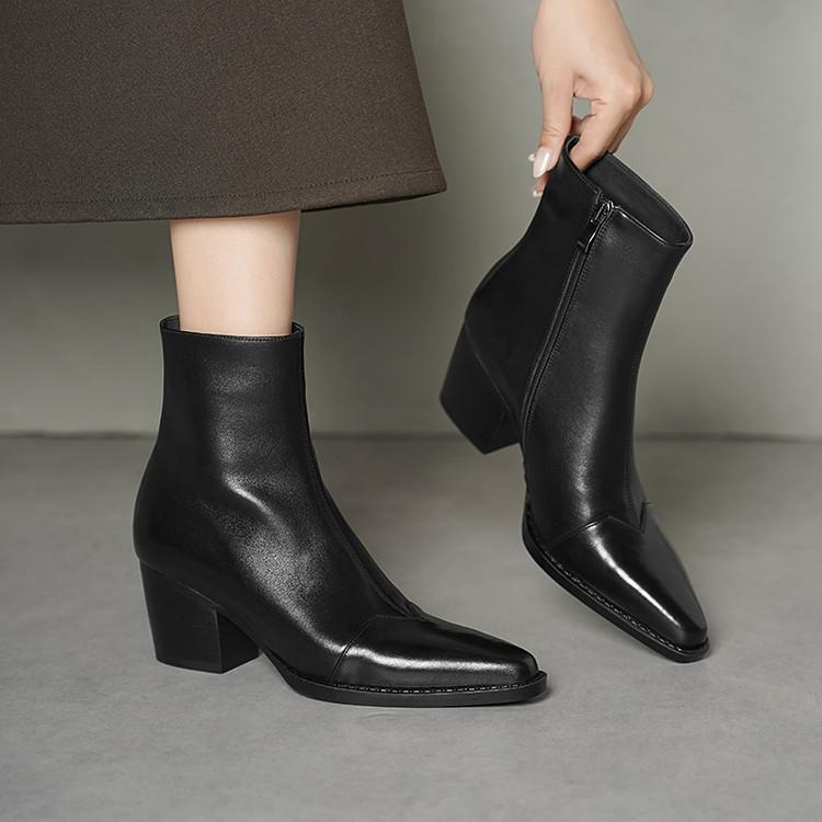 Premium Retro Brown Thick Heel Pointed Short Boots Women's 2025 Autumn and Winter Side Zipper Splicing Genuine Leather Chelsea Boots