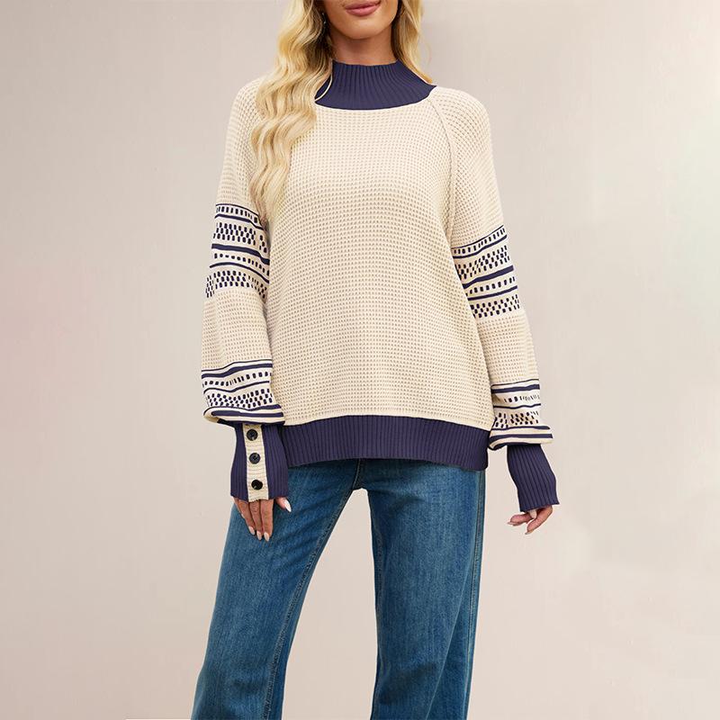 Autumn Winter Women Mock Neck Knitted Sweater Fashion Patchwork Knit Pullovers