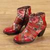 Fashion 7CM New Print Cloth Ankle Chunky Heels British Genuine Leather ZIP Big Size 42 Autumn Spring Cowboy Boots Ethnic Women Shoes