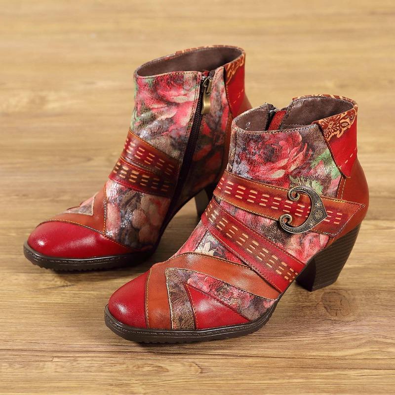 Fashion 7CM New Print Cloth Ankle Chunky Heels British Genuine Leather ZIP Big Size 42 Autumn Spring Cowboy Boots Ethnic Women Shoes
