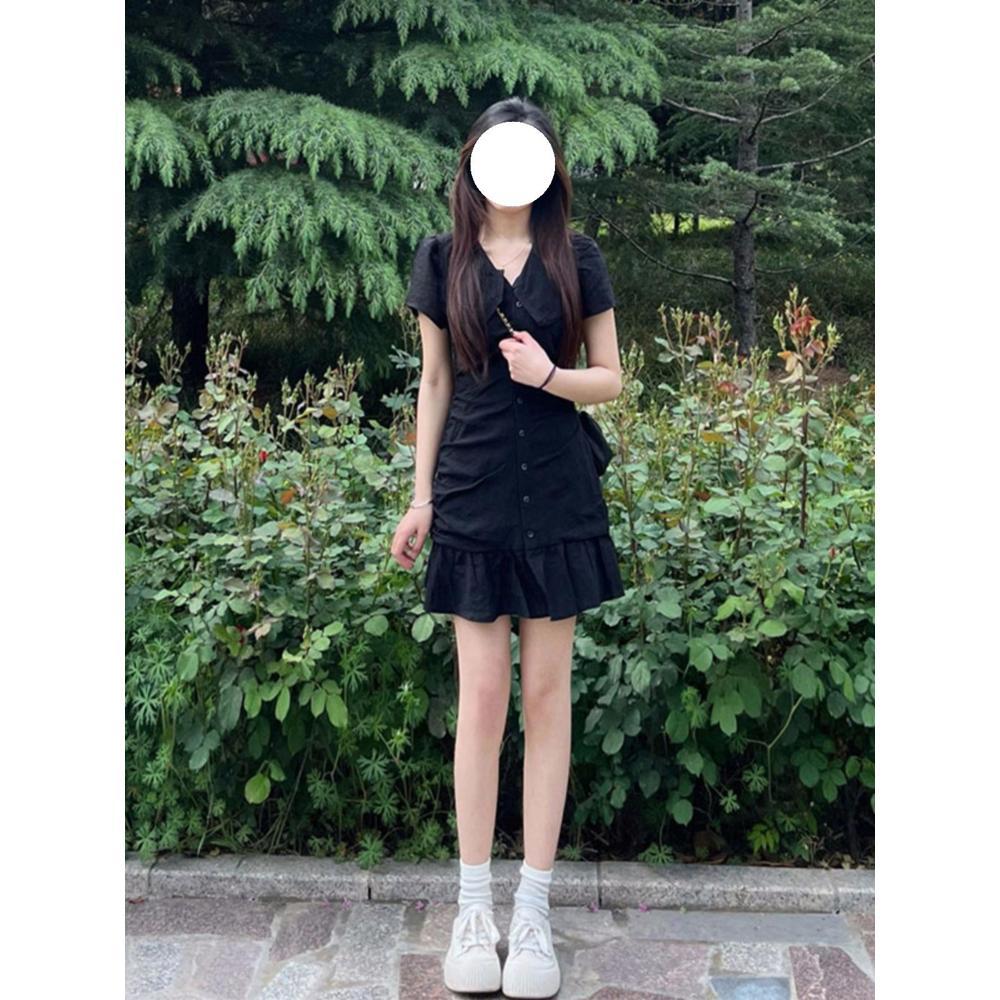 Fashion Ruffle Edge Bubble Sleeve Dress Women's Summer New French Temperament Short Skirt Black Fishtail Short Skirt Trendy